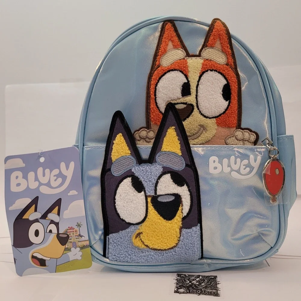 Bluey Backpack Kids Iridescent Blue Faux Leather Chenille‎ Patch Mini Bag NEW